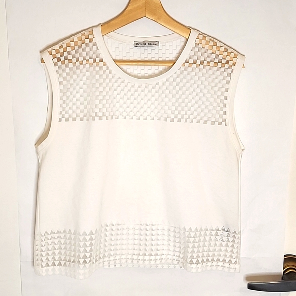 Zara White Sleeveless Textured Mesh Panel Top